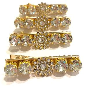 Set Of 4 Rhinestone Hair Clips Barrettes Gold Tone Flower Updos